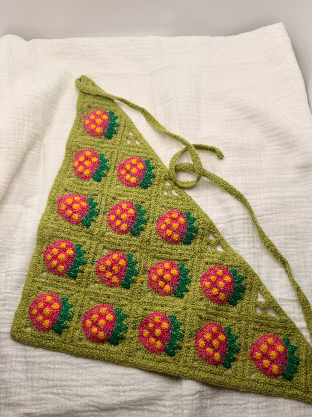 Green Crochet Triangle Head Scarf with Pink Floral Motifs